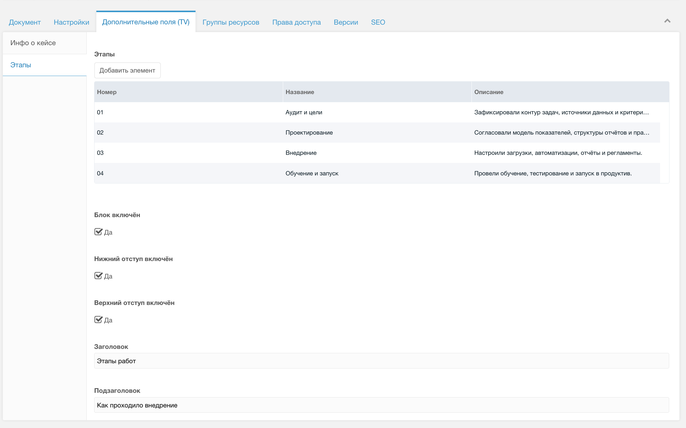 Этапы в админке